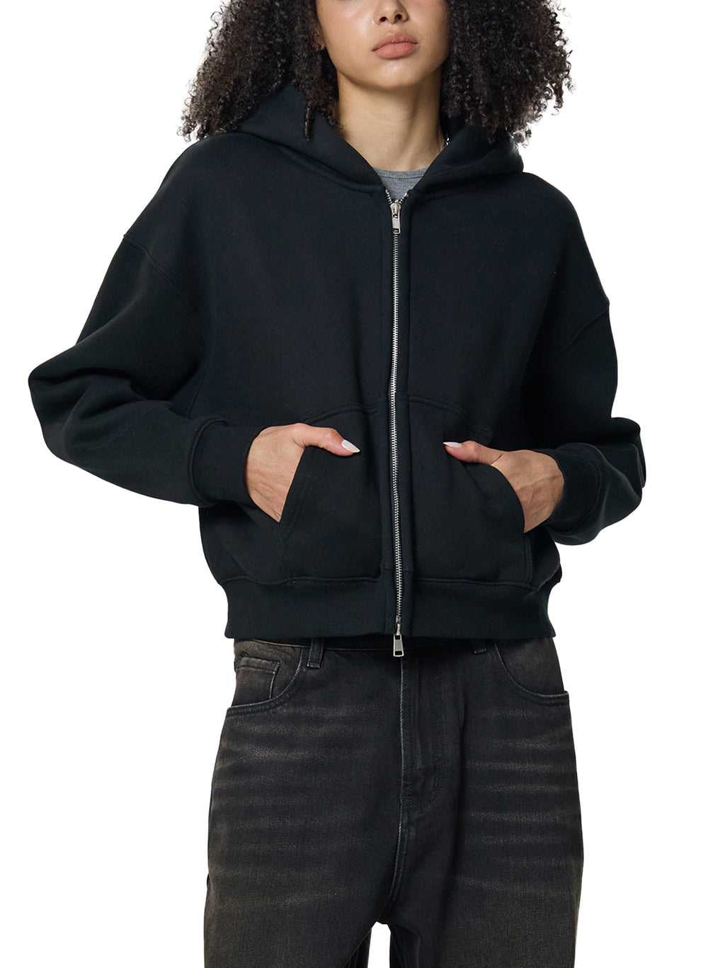 WOMEN'S DOUBLE ZIPPER CROPPED HOODIE