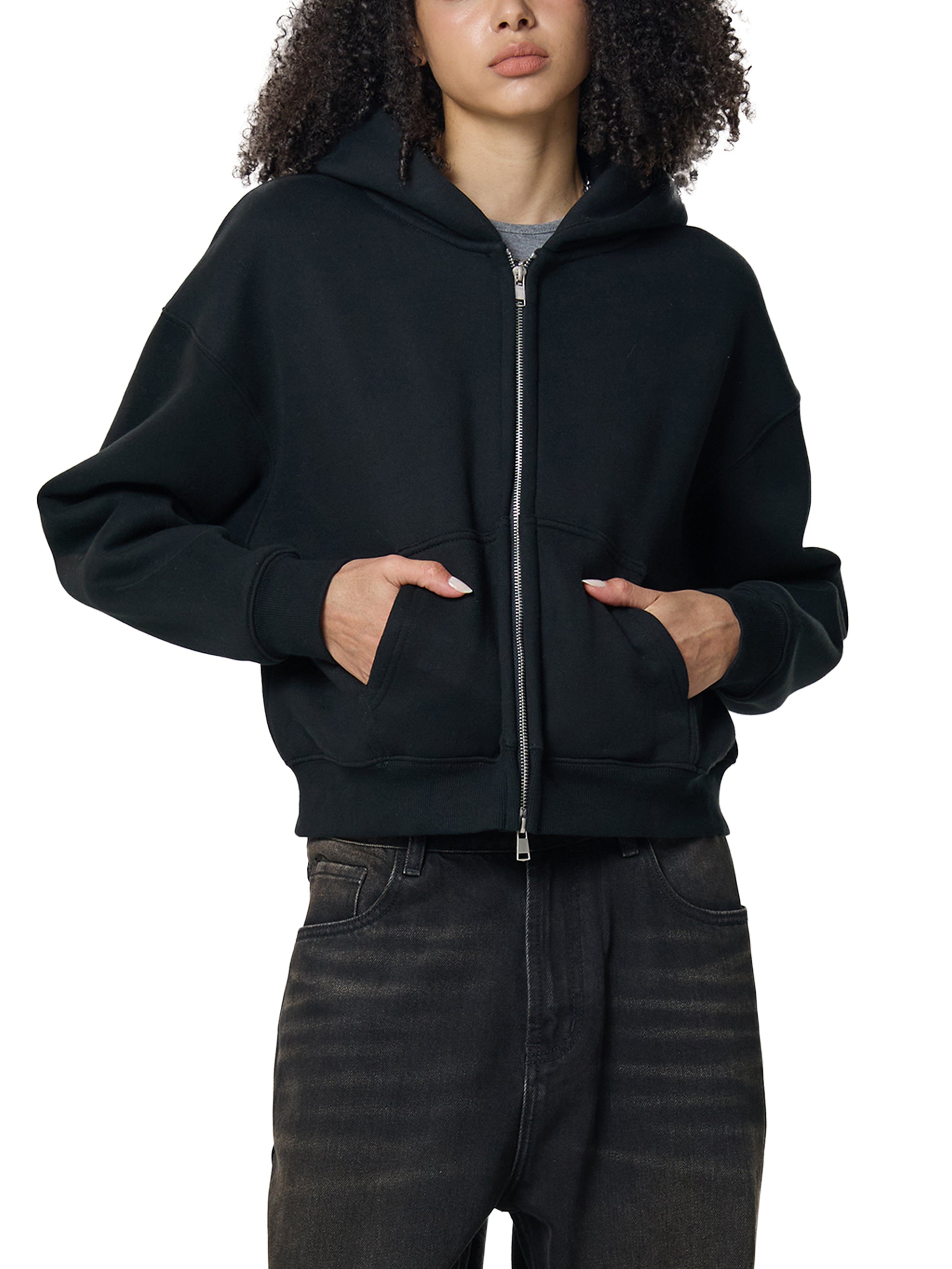 WOMEN'S DOUBLE ZIPPER CROPPED HOODIE