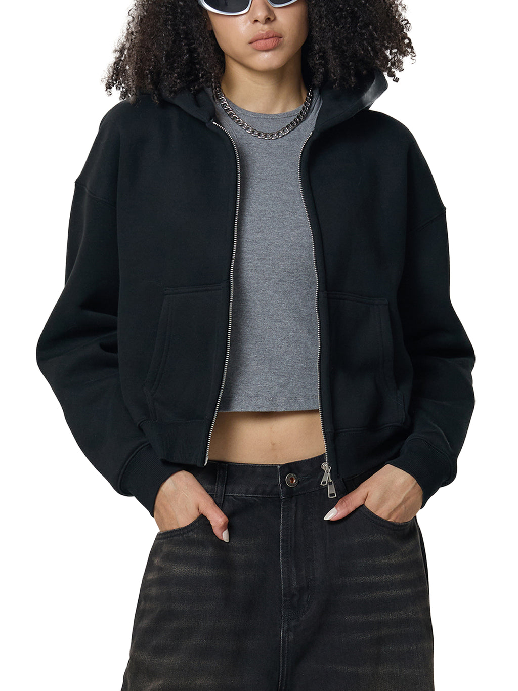 WOMEN'S DOUBLE ZIPPER CROPPED HOODIE