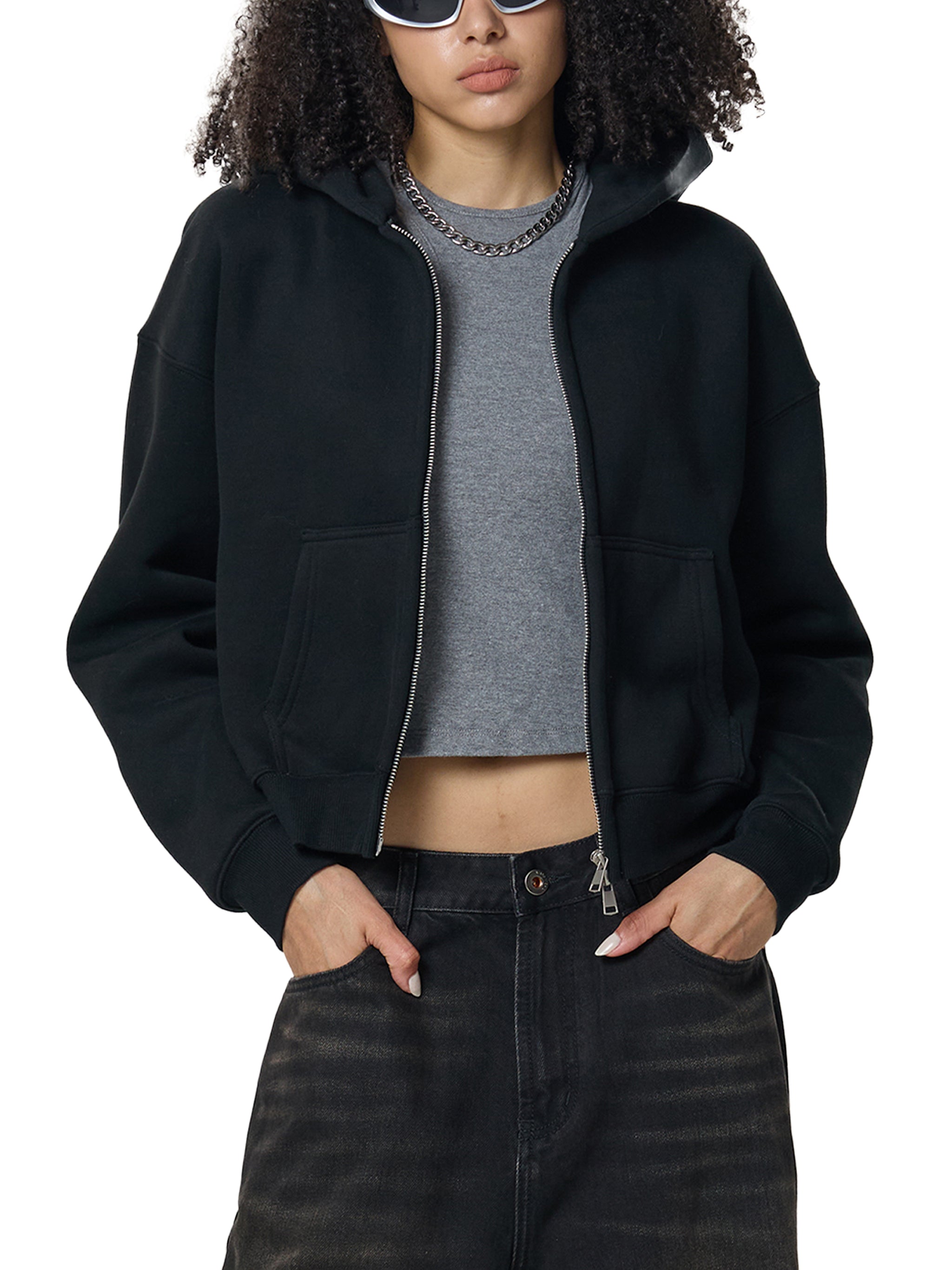 WOMEN'S DOUBLE ZIPPER CROPPED HOODIE