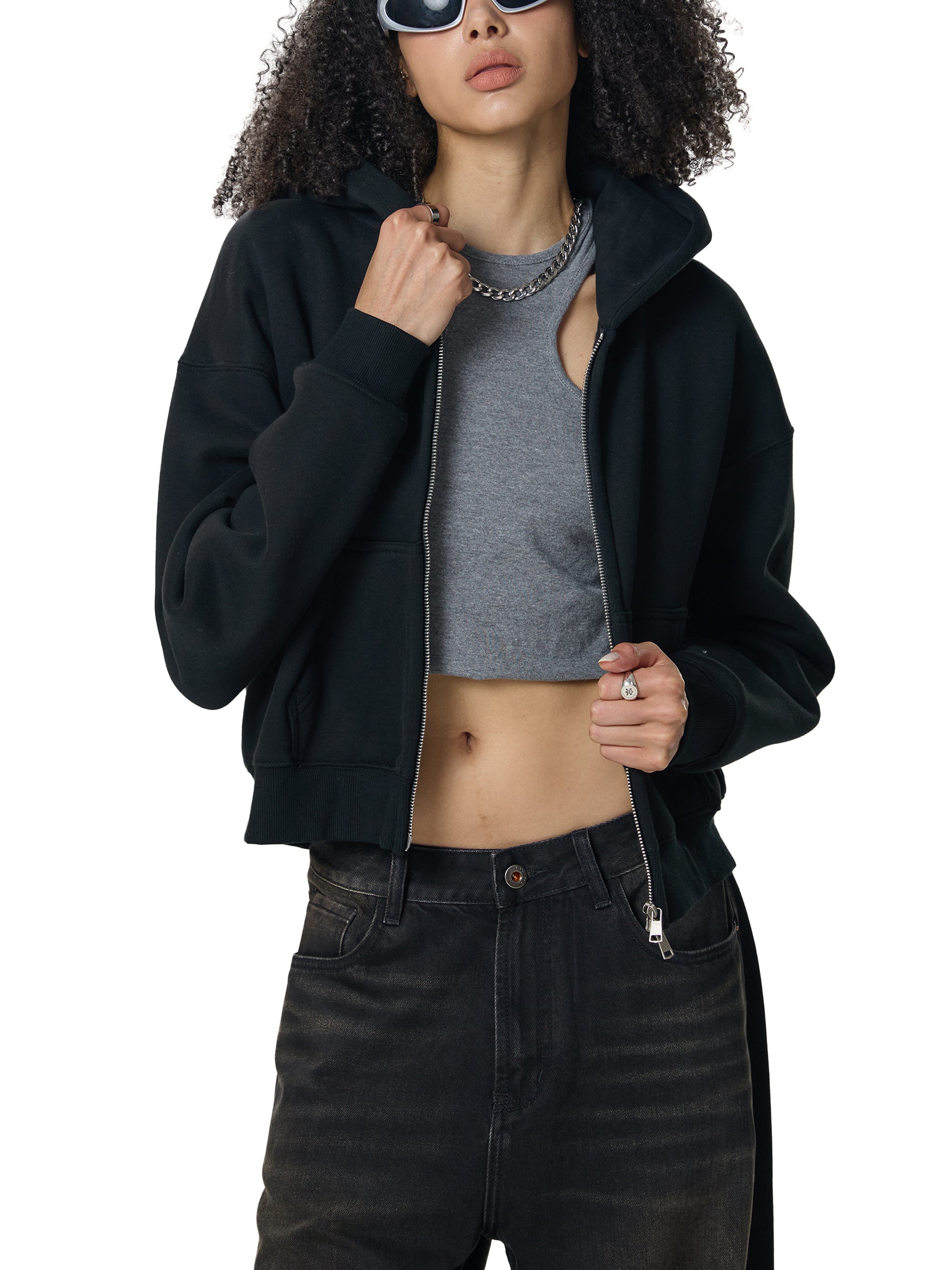 WOMEN'S DOUBLE ZIPPER CROPPED HOODIE