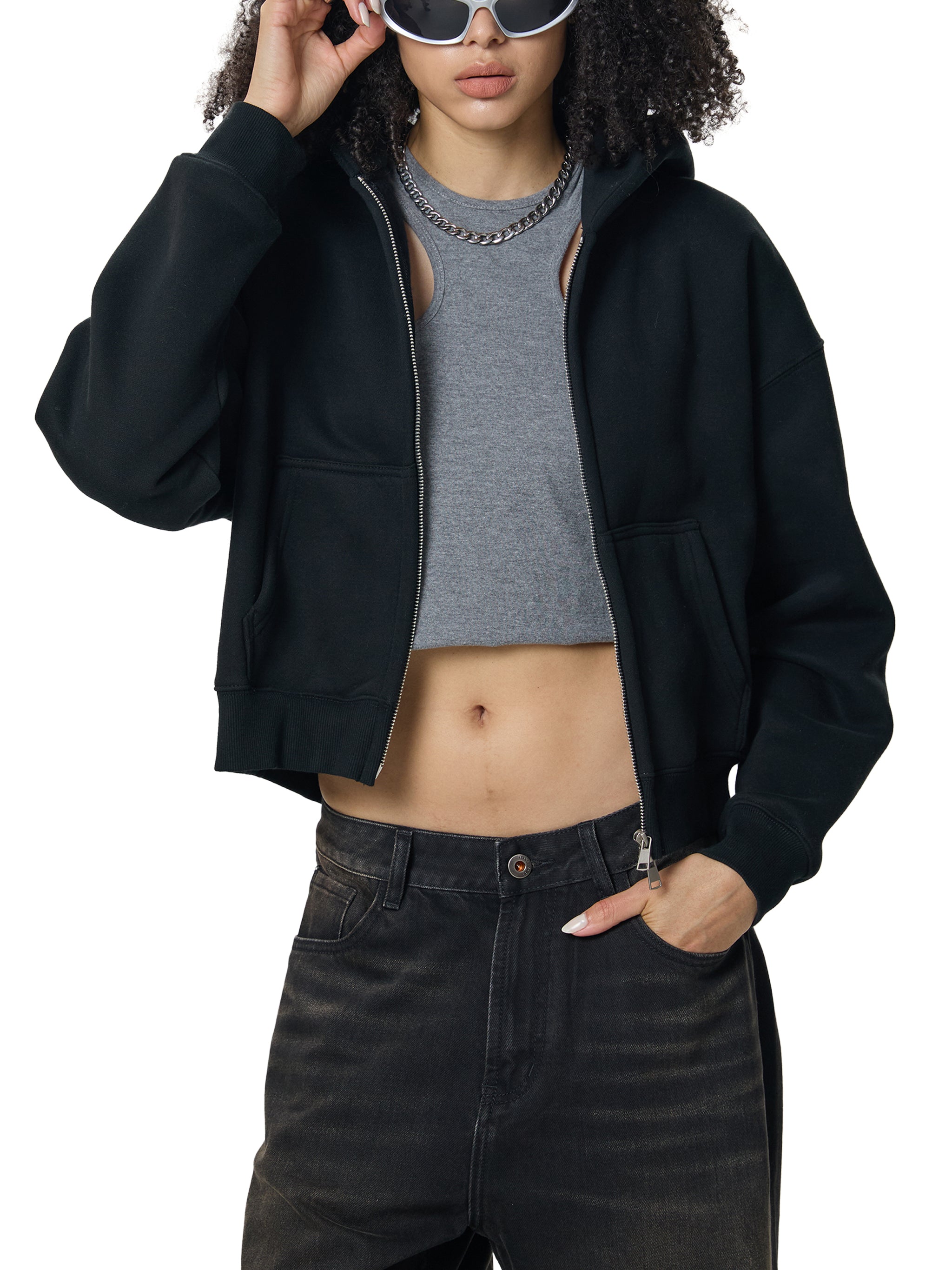 WOMEN'S DOUBLE ZIPPER CROPPED HOODIE