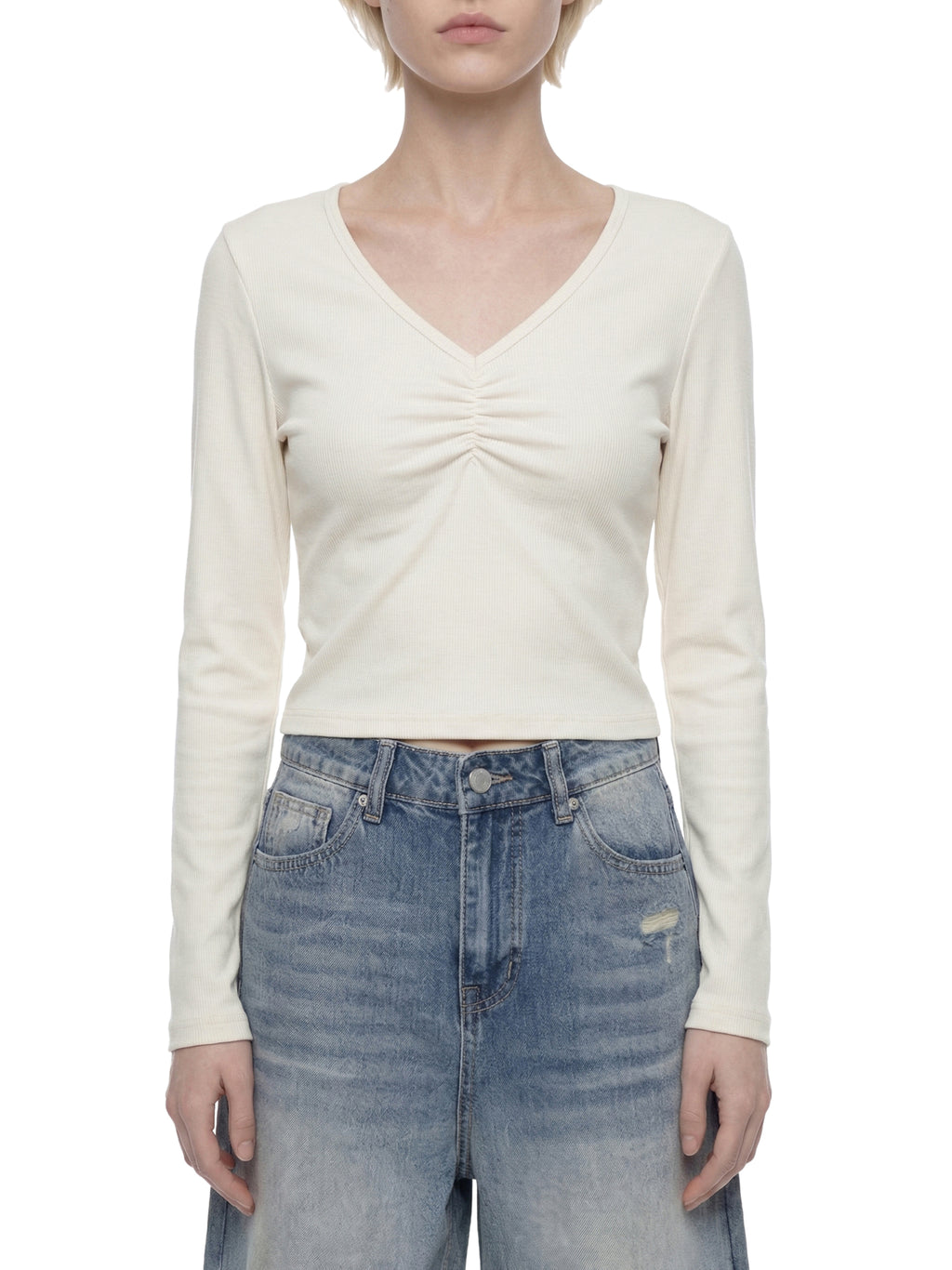 WOMEN'S RUCHED LONGSLEEVE CROP TOP
