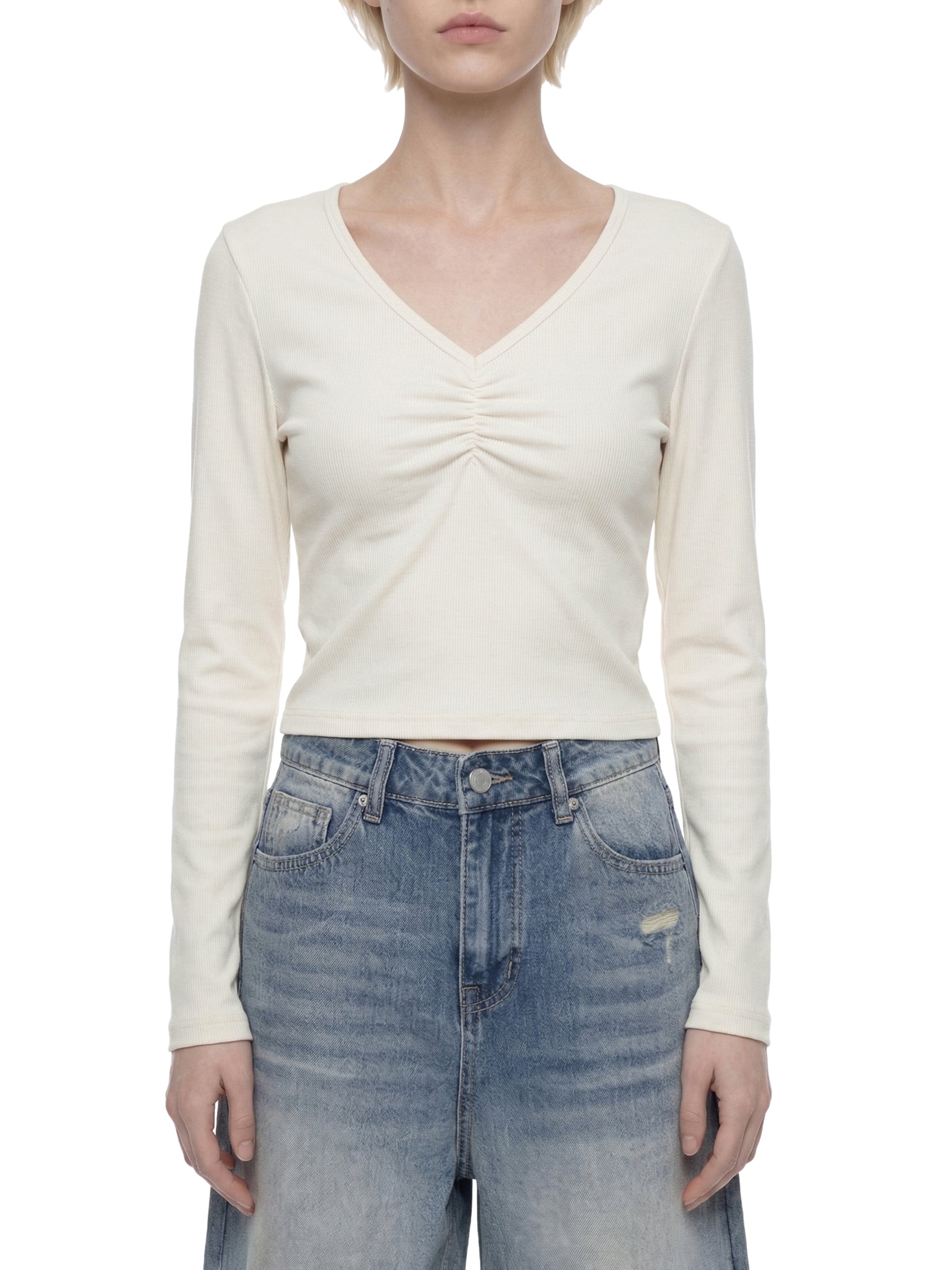 WOMEN'S RUCHED LONGSLEEVE CROP TOP